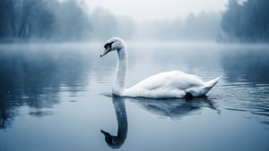 Un elegante cisne blanco flota en un lago brumoso, encarnando gracia y pureza. — Estética blanca Fondos de pantalla