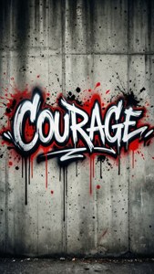 Audaz grafiti 'Coraje' sobre concreto con salpicaduras rojas y negras, estilo urbano grunge. — Palabras estéticas GIF Fondos de pantalla