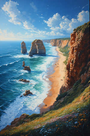 Gran Carretera del Océano, Doce Apóstoles, acantilados, olas, flores silvestres, costa, océano, cielo azul, viaje, paisaje, 4K — Cielo Azul Fondos de pantalla