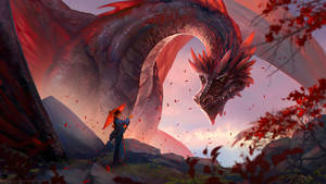 Gran dragón rojo con niña — Fondo rojo aesthetic Fondos de pantalla