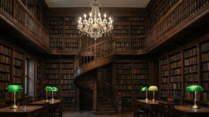 Majestuosa biblioteca de academia oscura con escalera de caracol y candelabro.