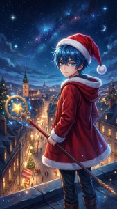 Chico anime con gorro de Santa en una azotea con bastón estelar