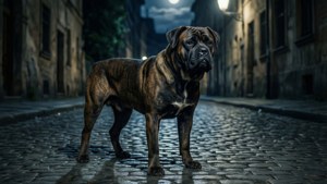 Un Cane Corso vigilante en una calle adoquinada iluminada por la luna — 1600x900 Fondos de pantalla