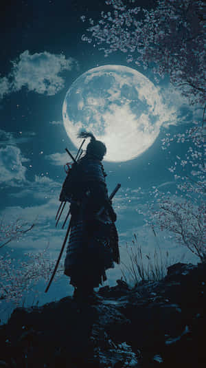 samurái,guerrero,luna,noche,cerezo en flor,katana,armadura,tradicional,histórico,Japón,silueta,cinemático,místico, fantasía,épico,leyenda,bushido,honor,espadachín,combate — Japón GIF Fondos de pantalla
