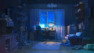 Habitación anime oscura con laptop encendida — Azul oscuro Fondos de pantalla