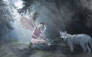 Un Hada y un Lobo en un Bosque Encantado — Bosque oscuro Fondos de pantalla