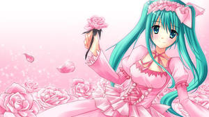 Hatsune Miku Anime Kawaii con Vestido Rosa y Rosas