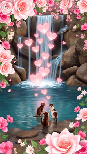 Día de San Valentín,cascada,corazones,amor,gatos,rosa,floral,romántico,fondo de pantalla para smartphone — Cascada Fondos de pantalla