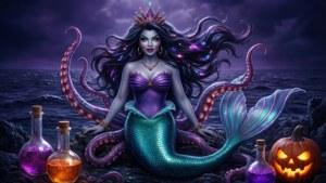 Úrsula lanzando hechizos con tentáculos brillantes en un mar oscuro.