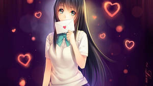 Chica anime de cabello largo negro mordiendo carta de amor fondo de pantalla