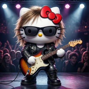 Hello Kitty tocando la guitarra en el escenario.