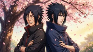 Itachi y Sasuke comparten un momento pacífico bajo los cerezos en flor
