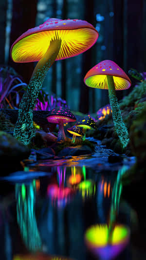 hongo,bioluminiscente,brillo,bosque,fantasía,magia,neón,luz,vibrante,reflejo,agua,noche,colorido,planta,seta,encantado,misterioso,místico,vívido,oscuro