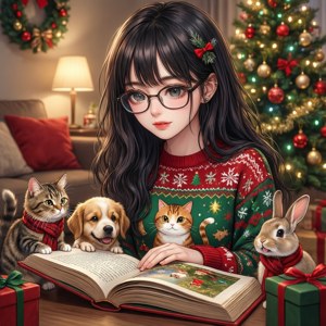 Chica anime leyendo un cuento de Navidad a los animales