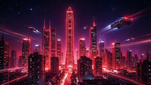Horizonte futurista de ciudad en la noche con estética cyberpunk y luces rojas de neón. — Rojo neón Fondos de pantalla