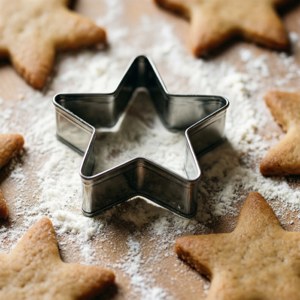 Vista cenital de cortador de galletas en forma de estrella y masa, estética de repostería. — Navideño aesthetic Fondos de pantalla