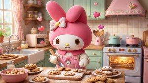 My Melody horneando galletas deliciosas, un fondo de pantalla kawaii lleno de dulzura.