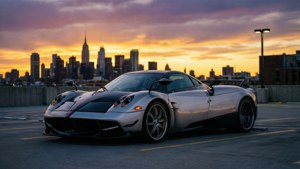 Fondo de pantalla de Un Pagani Huayra BC plateado al atardecer en una azotea con el horizonte de la ciudad detrás.