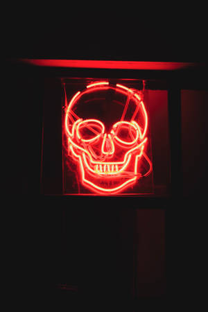 Calavera neón roja brillando dentro de una habitación oscura.