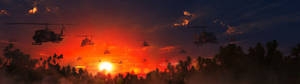 Fondo de pantalla de helicópteros volando durante un atardecer rojo.