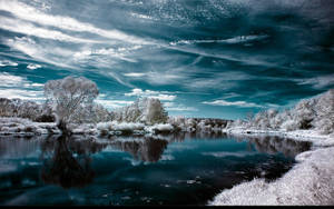 Fondo de pantalla de lago azul invernal reflejando árboles.