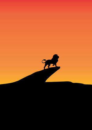 Silueta de león en un acantilado de piedra contra el fondo de atardecer naranja amarillento. Arte digital.