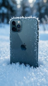 iPhone 11 Pro Max enterrado en nieve con detalles de escarcha y fondo invernal.