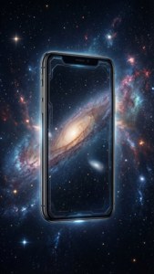Fondo cósmico con un iPhone X flotando entre las estrellas.