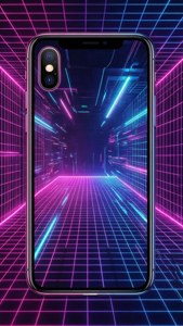 Fondo de pantalla cyberpunk con iPhone X sobre una rejilla neón.
