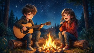 Niños de anime cantando y tocando la guitarra alrededor de una fogata bajo las estrellas. — Anime niños Fondos de pantalla