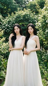 TWICE con vestidos blancos en un jardín frondoso con luz solar suave. — Twice Fondos de pantalla