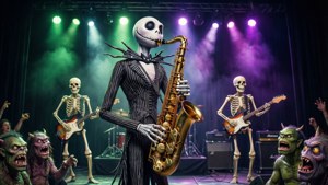 Jack Skellington interpreta un solo de saxofón para un público de monstruos. — Pesadilla antes de navidad GIF Fondos de pantalla