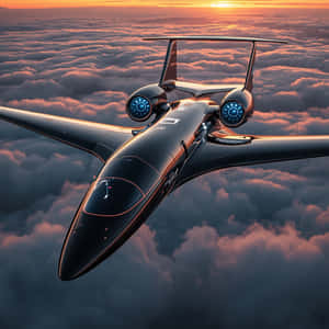 futurista, jet, aeronave, avión, jet privado, nubes, cielo, aviación, lujo, atardecer, vuelo, tecnología, moderno, transporte, jet ejecutivo, viaje, innovación, alta tecnología, futuro, aeroespacial