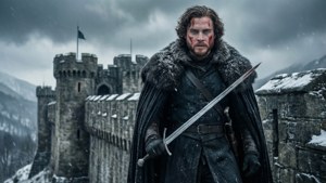 Jon Snow de pie, desafiante, en los parapetos de Invernalia después de la batalla