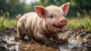 Cerdo feliz chapoteando en un charco de lodo, estilo caricatura — Cerdito lindo Fondos de pantalla