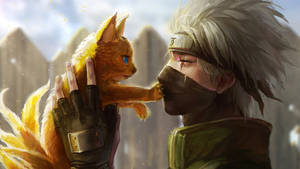 Kakashi 4K sosteniendo un gato de nueve colas