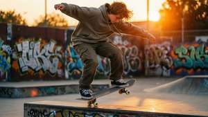 Chico skater ejecutando un kickflip con luz cálida de atardecer y fondo de graffiti. — Estética skater boy Fondos de pantalla
