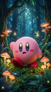 Kirby deambula por un bosque mágico con hongos brillantes y luciérnagas, caprichoso y suave. — Kirby GIF Fondos de pantalla