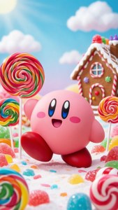 Kirby se encuentra en una tierra de dulces con paletas y casas de jengibre, brillante y dulce. — Kirby GIF Fondos de pantalla