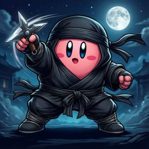 Kirby disfrazado de ninja lanza un shuriken bajo un cielo nocturno iluminado por la luna. — Kirby GIF Fondos de pantalla