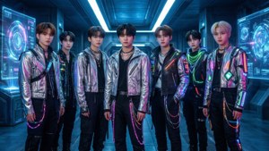 Un grupo de chicos de Kpop inspirado en el ciberpunk en un entorno futurista. — Kpop GIF Fondos de pantalla