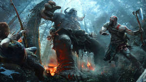Fondo de pantalla de Kratos derribando a un troll gigante en God of War.