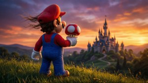 Mario mira hacia un castillo lejano al atardecer, sosteniendo un Súper Champiñón, en un paisaje sereno y lleno de aventura. — Mario Fondos de pantalla