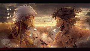 Titán Acorazado enfrentándose al Titán de Ataque en la Batalla de Shiganshina en fondo de pantalla de Attack on Titan.