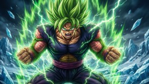 Una representación dramática de Broly en su forma de Super Saiyajin Legendario, irradiando poder en medio del hielo y la destrucción. — Dragon ball super broly Fondos de pantalla