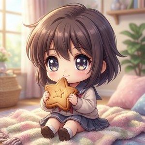 Ushio chibi sosteniendo felizmente una galleta de estrella.