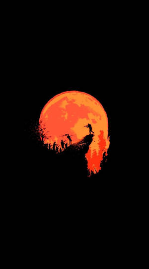 Fondo de pantalla AMOLED de un acantilado y siluetas de hombres armados con una luna naranja de fondo. — AMOLED Fondos de pantalla