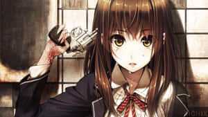 Fondo de pantalla HD de una chica anime triste sosteniendo un arma hacia su cabeza con sangre en sus manos.