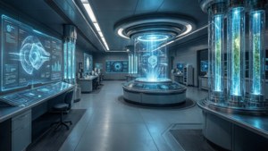 Laboratorio futurista con hologramas en vista ultra panorámica.