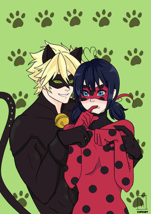 Fondo de pantalla de Ladybug y Cat Noir besándose con estampado de perro — Beso de ladybug y cat noir Fondos de pantalla